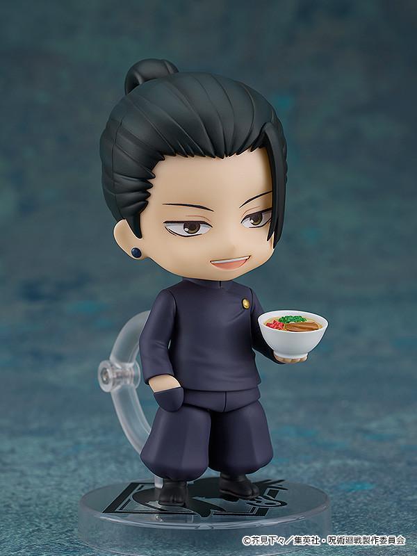 Suguru Geto Nendoroid figure showing a smug goading face plate while holding a small white bowl of Okinawa soba accessory.