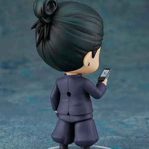 Rear studio shot of the Suguru Geto Nendoroid figure showcasing his styled black hair bun, strands along his neck, and dark navy uniform jacket.
