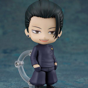 Full-body studio shot of the Suguru Geto Nendoroid figure standing on a custom clear base with a confident expression, wearing his dark navy high school uniform.