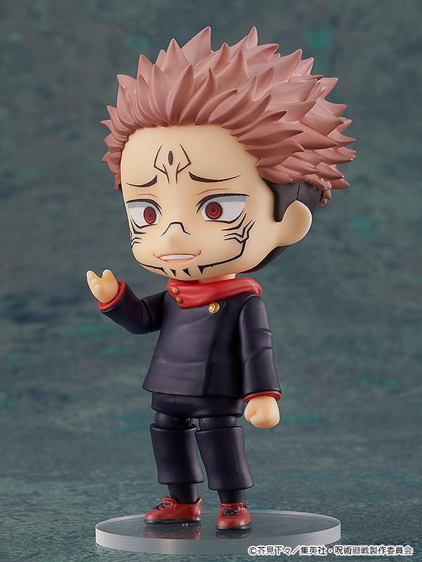 Sukuna Nendoroid head with cursed markings mixed and matched on Yuji Itadori's dark blue jujutsu high school uniform body.