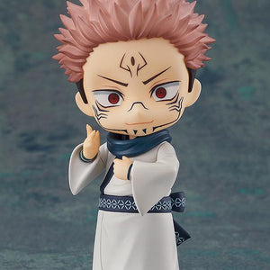 Full body front view of the Sukuna reissue Nendoroid collectible figure on a clear circular base showcasing his spiked pinkish-brown hair and facial markings.