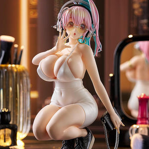Side-angle view of Super Sonico crouched down as she picks up her fallen black purse.
