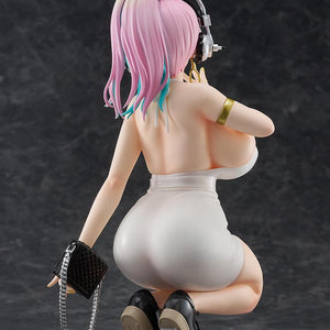 Rear view of the Super Sonico figure showing her long hair and the back of her white dress.
