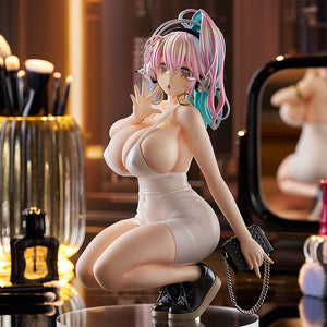 The Super Sonico figure displayed in a studio setting with a vanity mirror and makeup accessories.