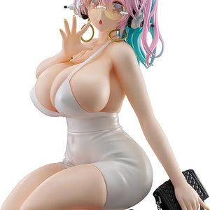 Front view of the Super Sonico Pop Up Parade L figure in a bold white mini dress and pink/teal hair.