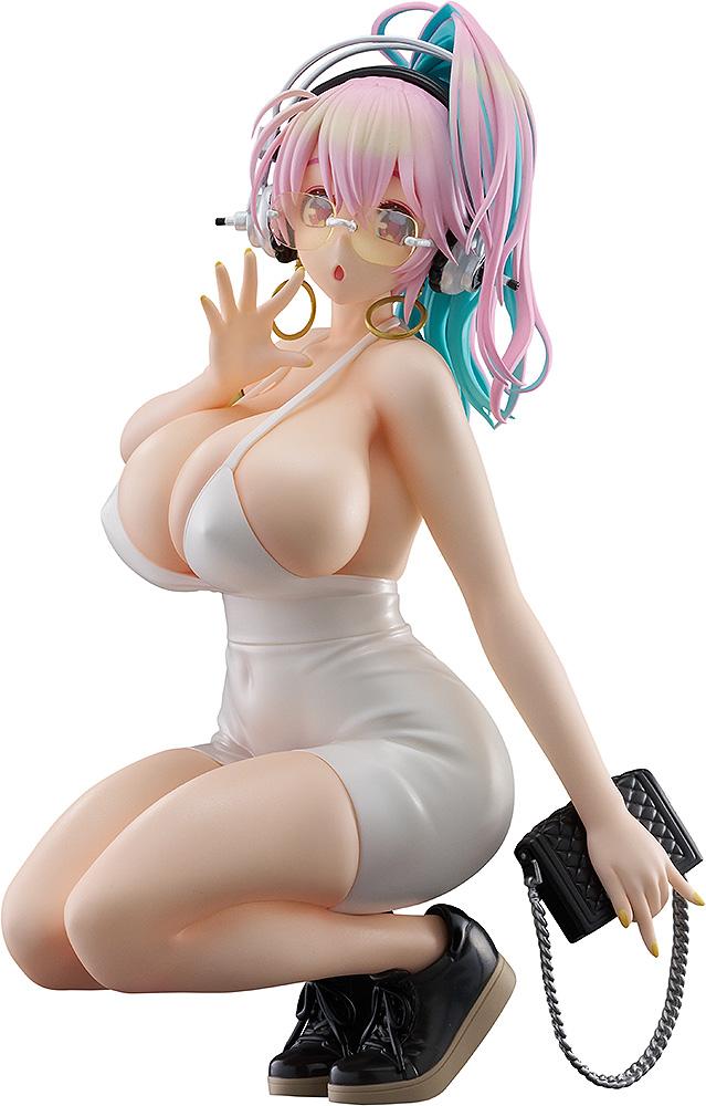 Front view of the Super Sonico Pop Up Parade L figure in a bold white mini dress and pink/teal hair.