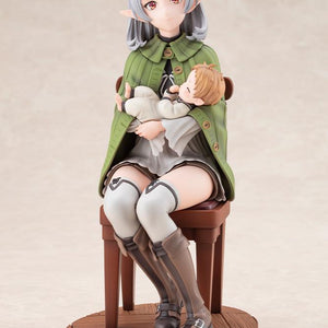 Front view of the 1/7 scale Sylphiette Greyrat figure seated in a wooden chair holding sleeping baby Lucie Greyrat on a wood-grain base.