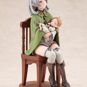 Left three-quarter perspective of Sylphiette Greyrat cradling baby Lucie on a circular wooden floorboard base.
