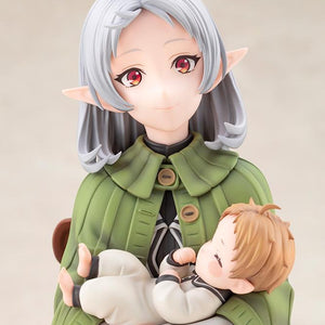 Close-up portrait shot of Sylphiette Greyrat smiling gently while cradling sleeping infant Lucie.
