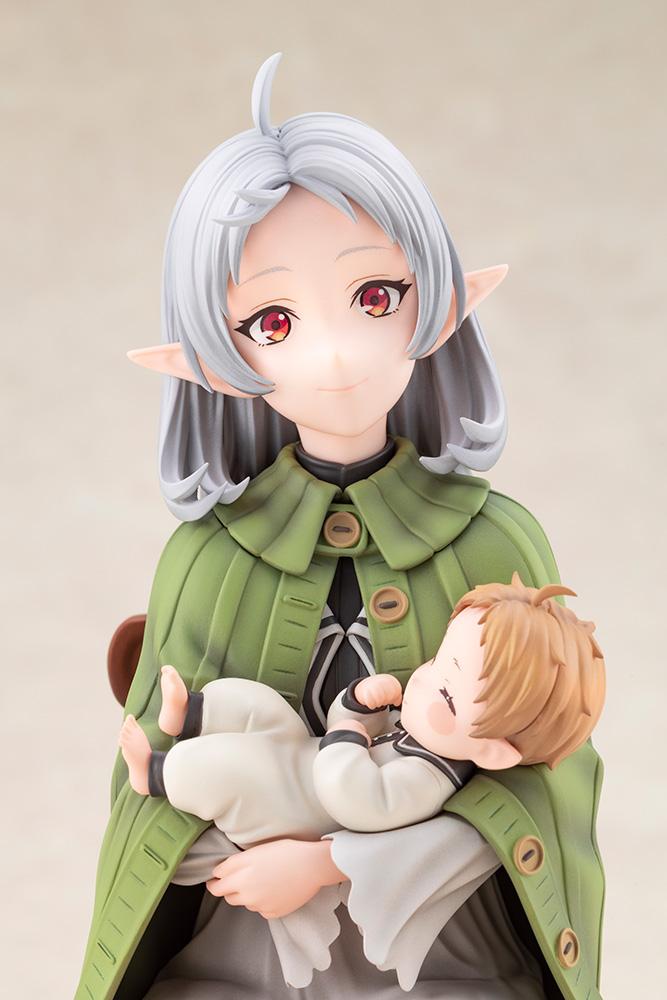 Close-up portrait shot of Sylphiette Greyrat smiling gently while cradling sleeping infant Lucie.