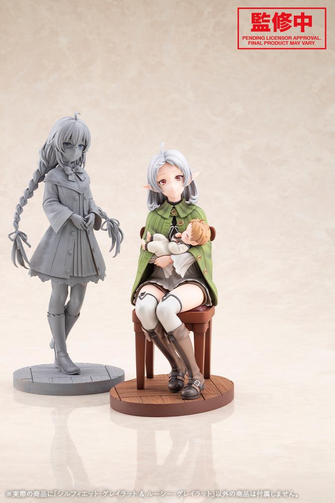 Fully painted Sylphiette and Lucie Greyrat figure displayed beside an unpainted gray prototype companion figure.