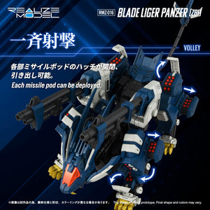 The 1/100 scale Blade Liger Panzer model kit with all missile pod hatches deployed for a full volley attack pose.