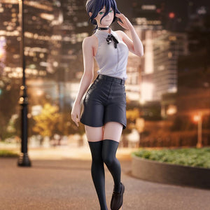 Full body shot of the 11.81-inch Reze figure displayed against a dramatic, blurred city night scene background with streetlights.