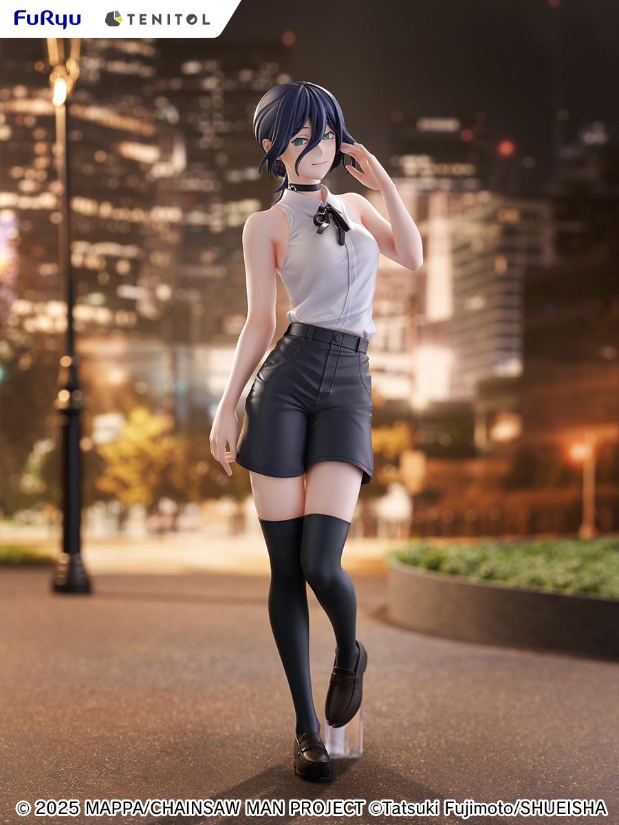 Full body shot of the 11.81-inch Reze figure displayed against a dramatic, blurred city night scene background with streetlights.
