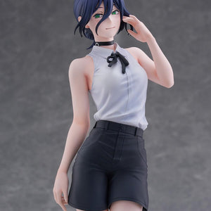 Close-up portrait shot of the Tenitol Tall Reze figure featuring a calm, gentle smile with green eyes and detailed face paint.