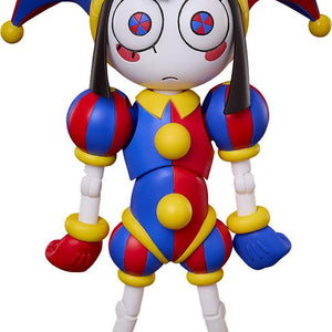 Full-body front studio shot of the Pomni figma action figure from The Amazing Digital Circus wearing her signature red and blue jester outfit on an isolated white background.