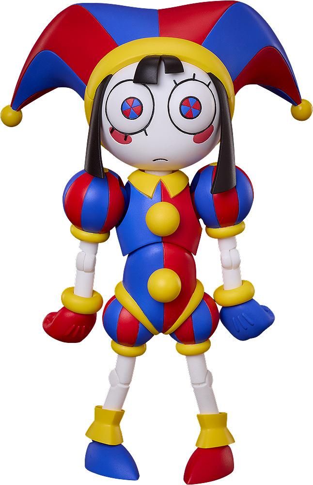 Full-body front studio shot of the Pomni figma action figure from The Amazing Digital Circus wearing her signature red and blue jester outfit on an isolated white background.