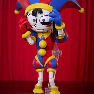 Pomni figma action figure holding her hands to the sides of her head in a state of panic and distress, displayed on a clear articulated stand with a dark red background.