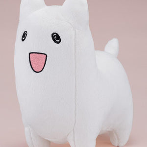 Three-quarter front view of the cute white Donguri plushie with embroidered facial features on a soft pink background.