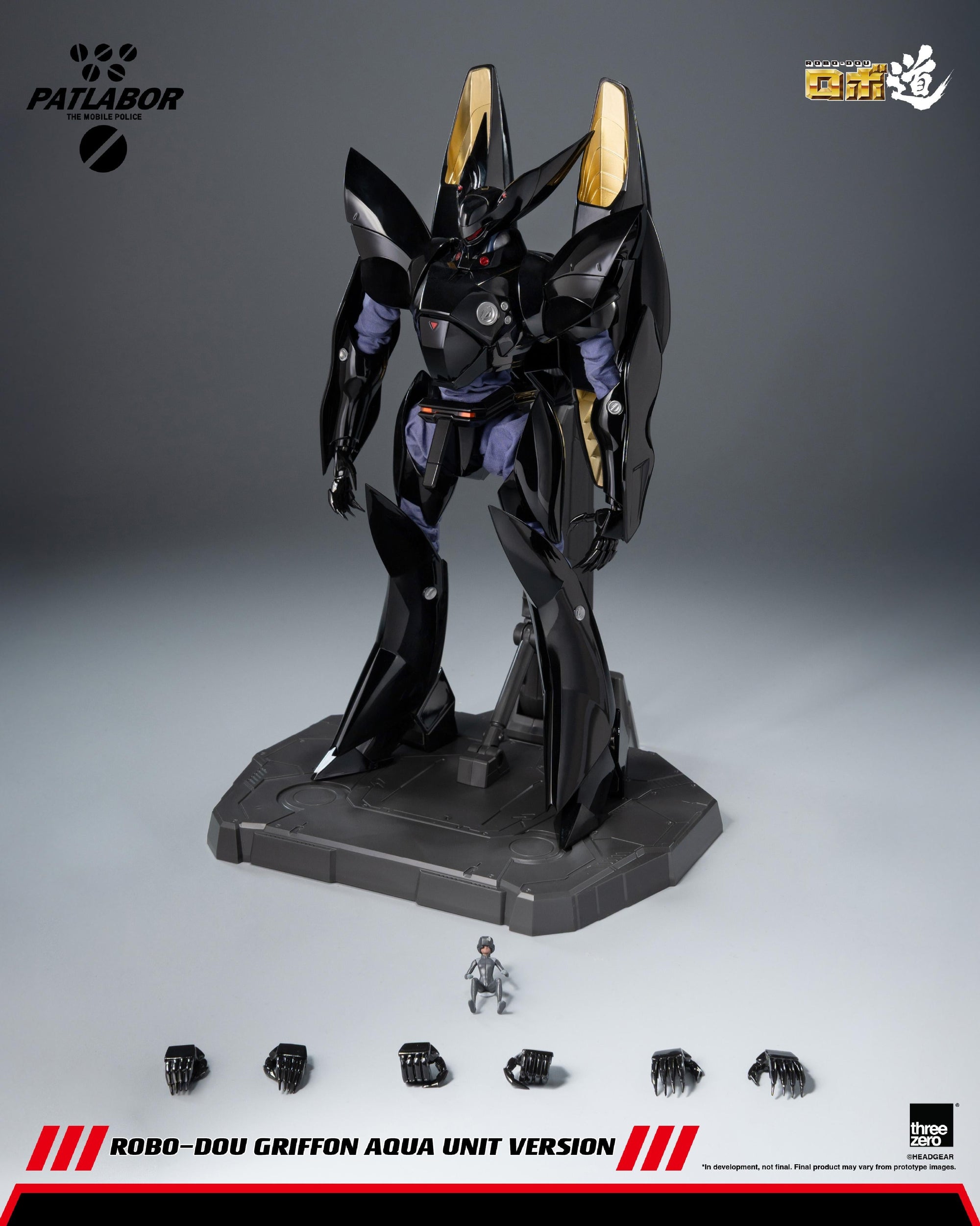 Threezero ROBO-DOU Griffon Aqua Unit figure set showing display stand, interchangeable hands, and Bud Renard Harchand mini pilot figure.