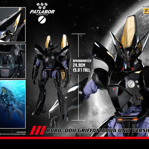 Product feature collage for threezero ROBO-DOU Griffon Aqua Unit showcasing 24.9cm height scale, action poses, and cockpit features.