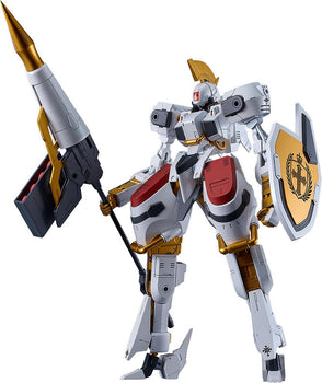 Full front view of the 1/48 scale Titanomachia Moderoid SIDE:GR Vector mecha in white and gold Order of Knights colors.