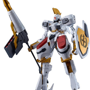 Full front view of the 1/48 scale Titanomachia Moderoid SIDE:GR Vector mecha in white and gold Order of Knights colors.