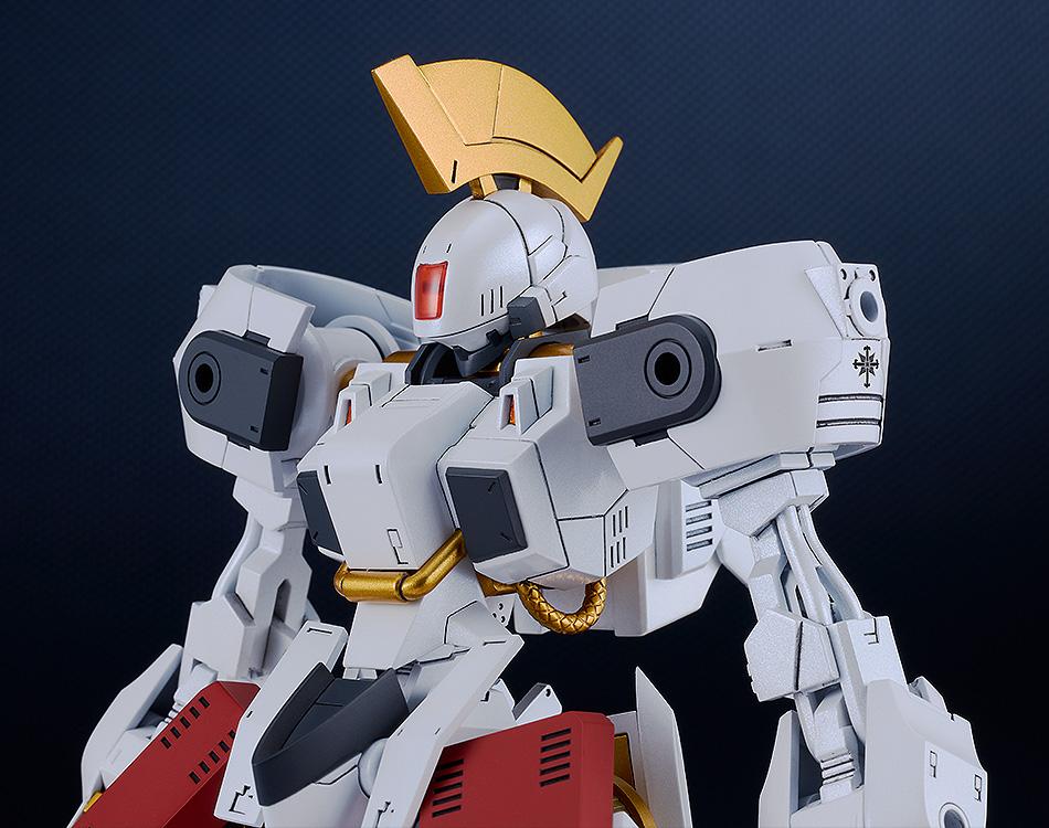 Close-up detail of the Vector mecha's head unit, visor, and torso armor with gold rope detailing.