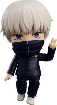 Front view of Toge Inumaki Nendoroid from Jujutsu Kaisen with high collar closed and a peace sign hand gesture.
