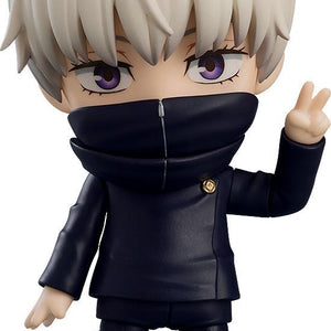 Front view of Toge Inumaki Nendoroid from Jujutsu Kaisen with high collar closed and a peace sign hand gesture.