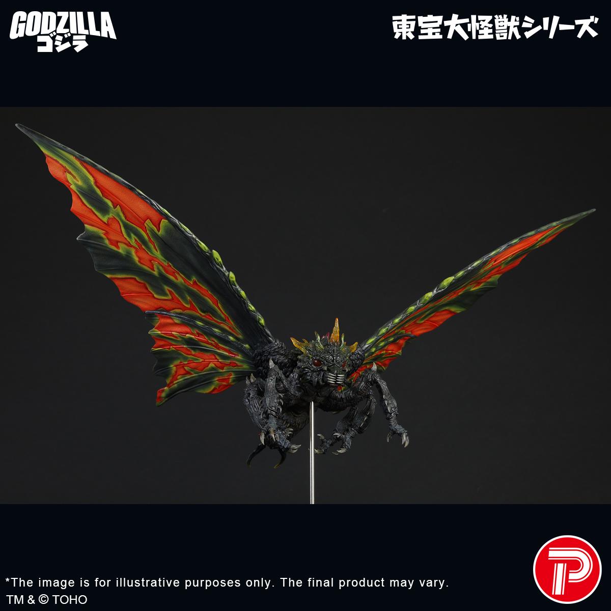 Low-angle wide perspective of Battra Imago showing the underside of the wings, chest carapace, and predatory claws.