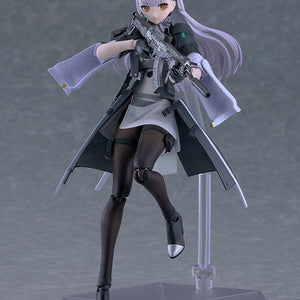 Mid-air dynamic leaping action pose of the Girls' Frontline 2 Tololo figma figure aiming her assault rifle forward, supported by an articulated clear stand.