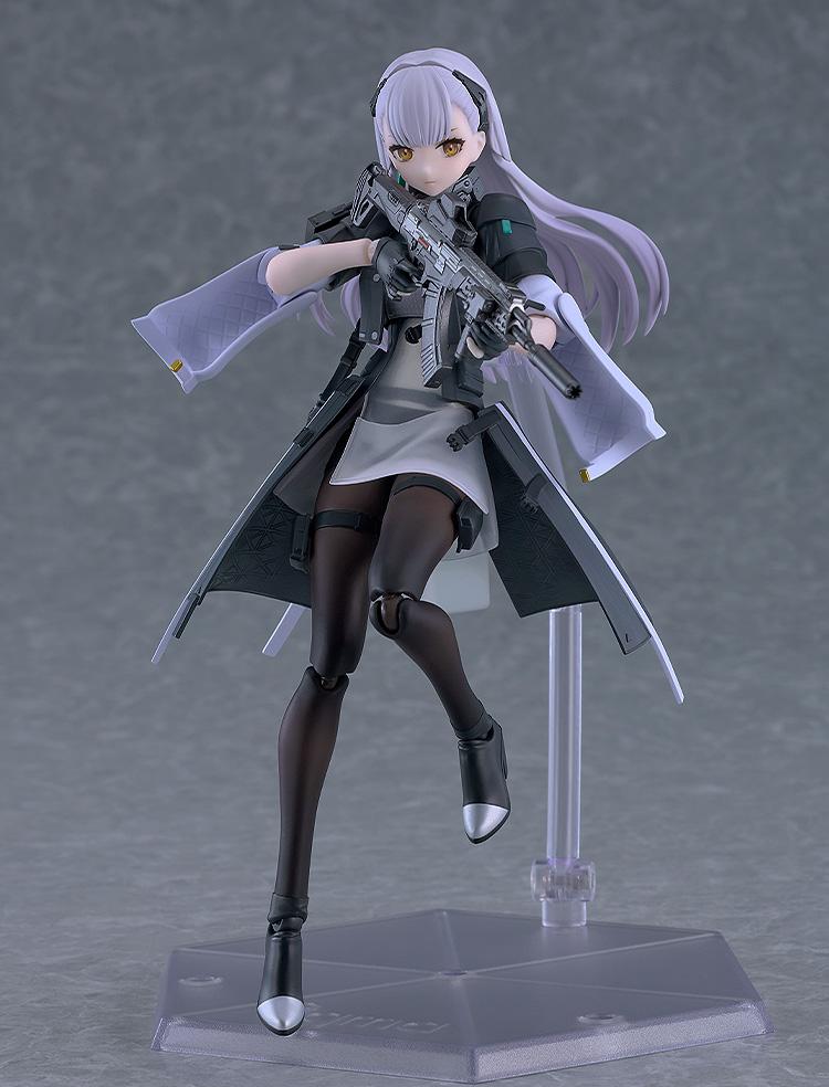 Mid-air dynamic leaping action pose of the Girls' Frontline 2 Tololo figma figure aiming her assault rifle forward, supported by an articulated clear stand.