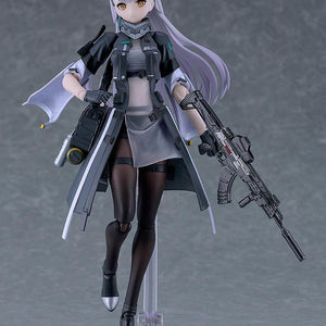 Front view of the highly articulated Tololo figma action figure mounted on its clear display base, highlighting the full tactical uniform and long lavender hair.