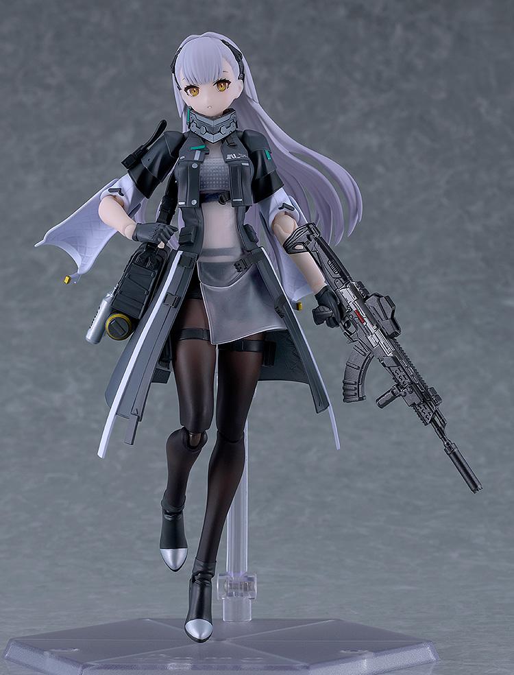 Front view of the highly articulated Tololo figma action figure mounted on its clear display base, highlighting the full tactical uniform and long lavender hair.