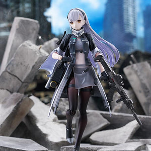 Atmospheric diorama display of the Tololo figma figure walking through a post-apocalyptic ruined city set with concrete rubble under a realistic blue sky.