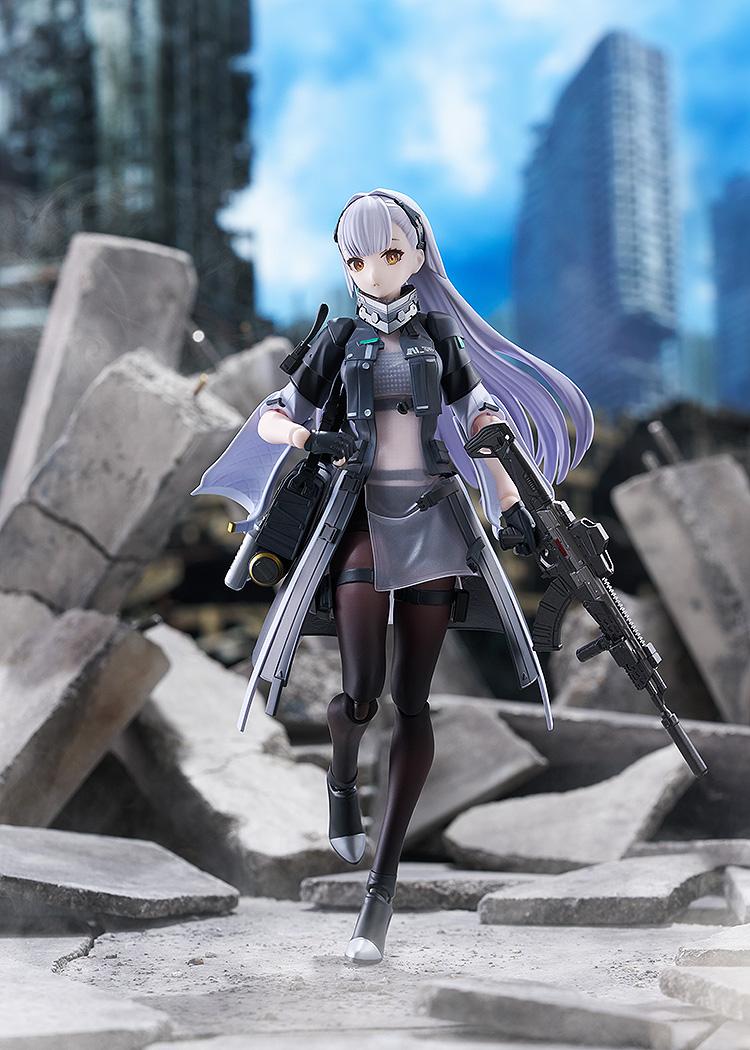 Atmospheric diorama display of the Tololo figma figure walking through a post-apocalyptic ruined city set with concrete rubble under a realistic blue sky.