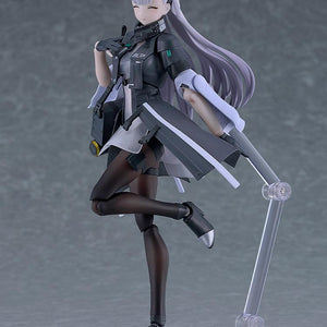 Playful, dynamic posing of the Girls' Frontline 2 Tololo figma figure showcasing the cute smiling face plate option with one leg raised.