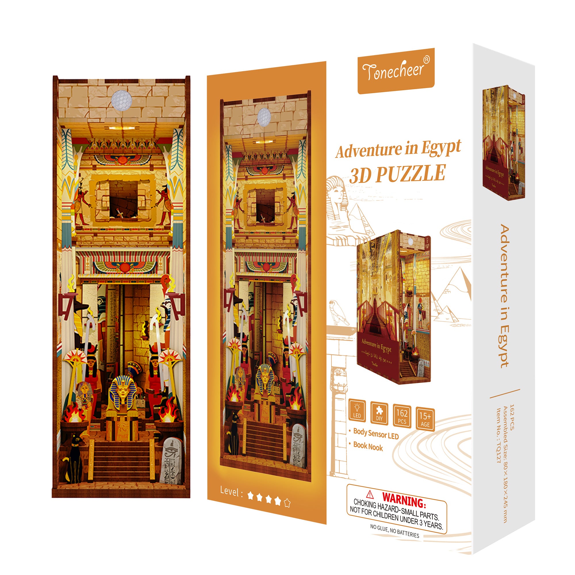Packaging box for the Tonecheer Adventure in Egypt 3D Puzzle, highlighting the LED, 162 pieces, and the Body Sensor LED feature.