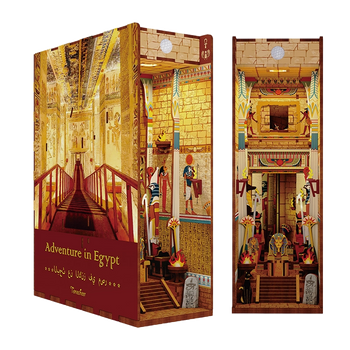 Product shot of the assembled Tonecheer DIY book end, showcasing the golden glow of the tomb interior and the Egyptian art on the walls.