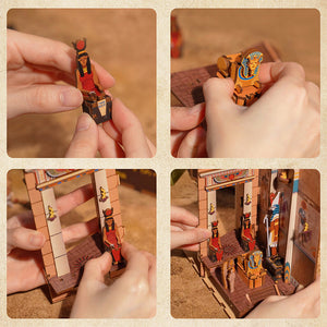A collage showing the process of assembling the miniature pieces of the Egyptian temple figures.