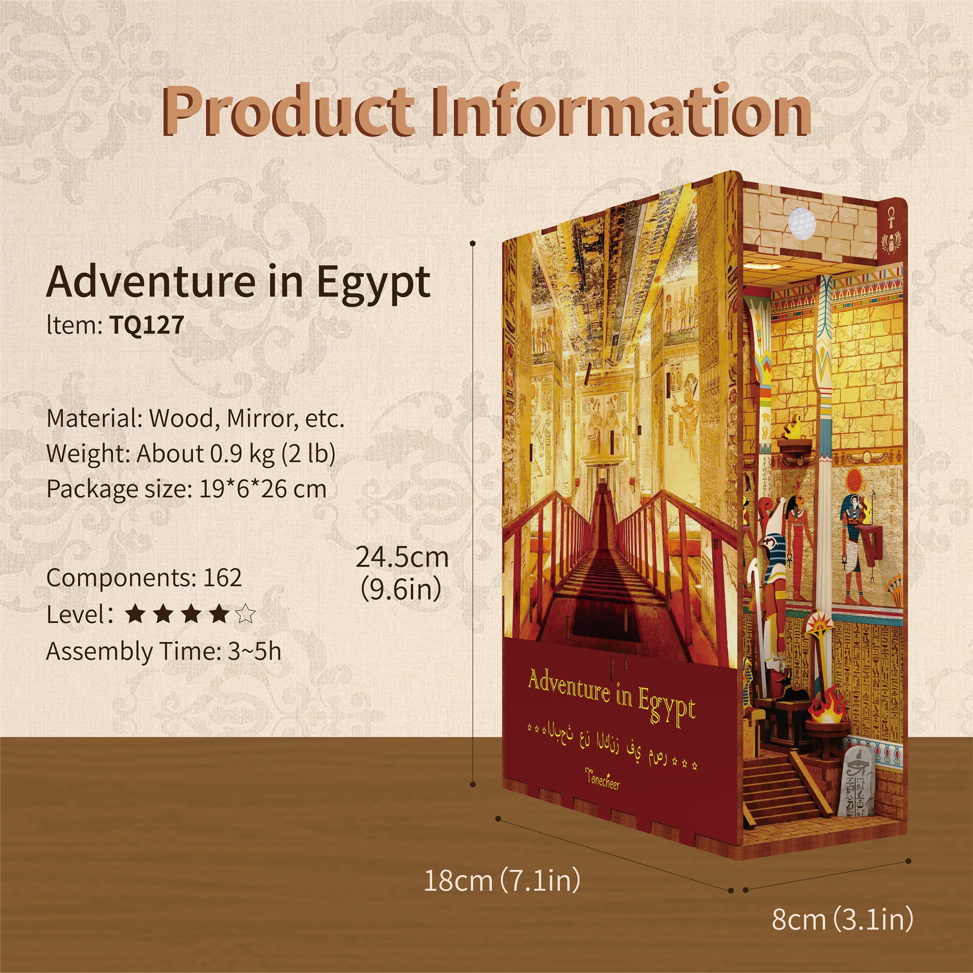 Product information graphic for the Tonecheer book nook kit, detailing the size (24.5cm H), 162 components, and 3–5 hour assembly time.