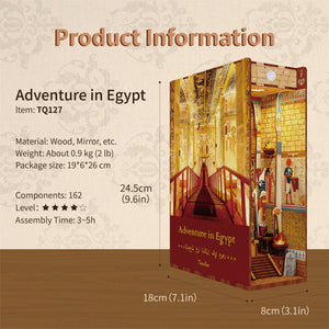 Product information graphic for the Tonecheer book nook kit, detailing the size (24.5cm H), 162 components, and 3–5 hour assembly time.