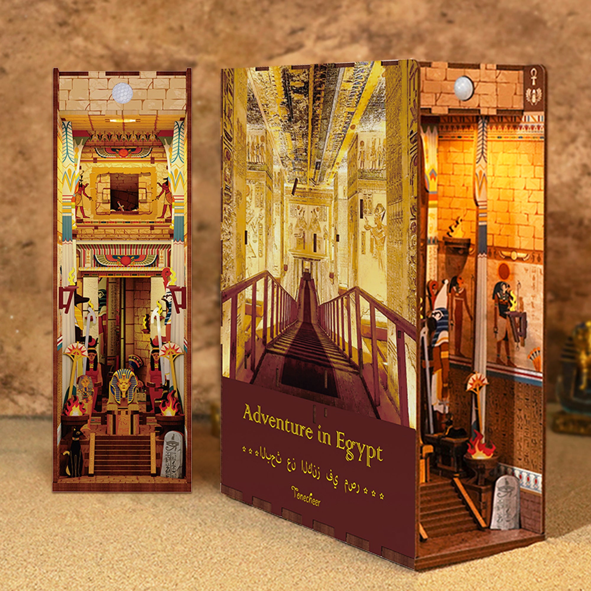 Full frontal view of the assembled Tonecheer "Adventure in Egypt" Book Nook, showing a golden temple and a long, perspective view of a tomb hallway.