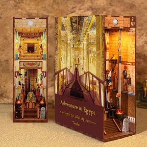 Full frontal view of the assembled Tonecheer "Adventure in Egypt" Book Nook, showing a golden temple and a long, perspective view of a tomb hallway.