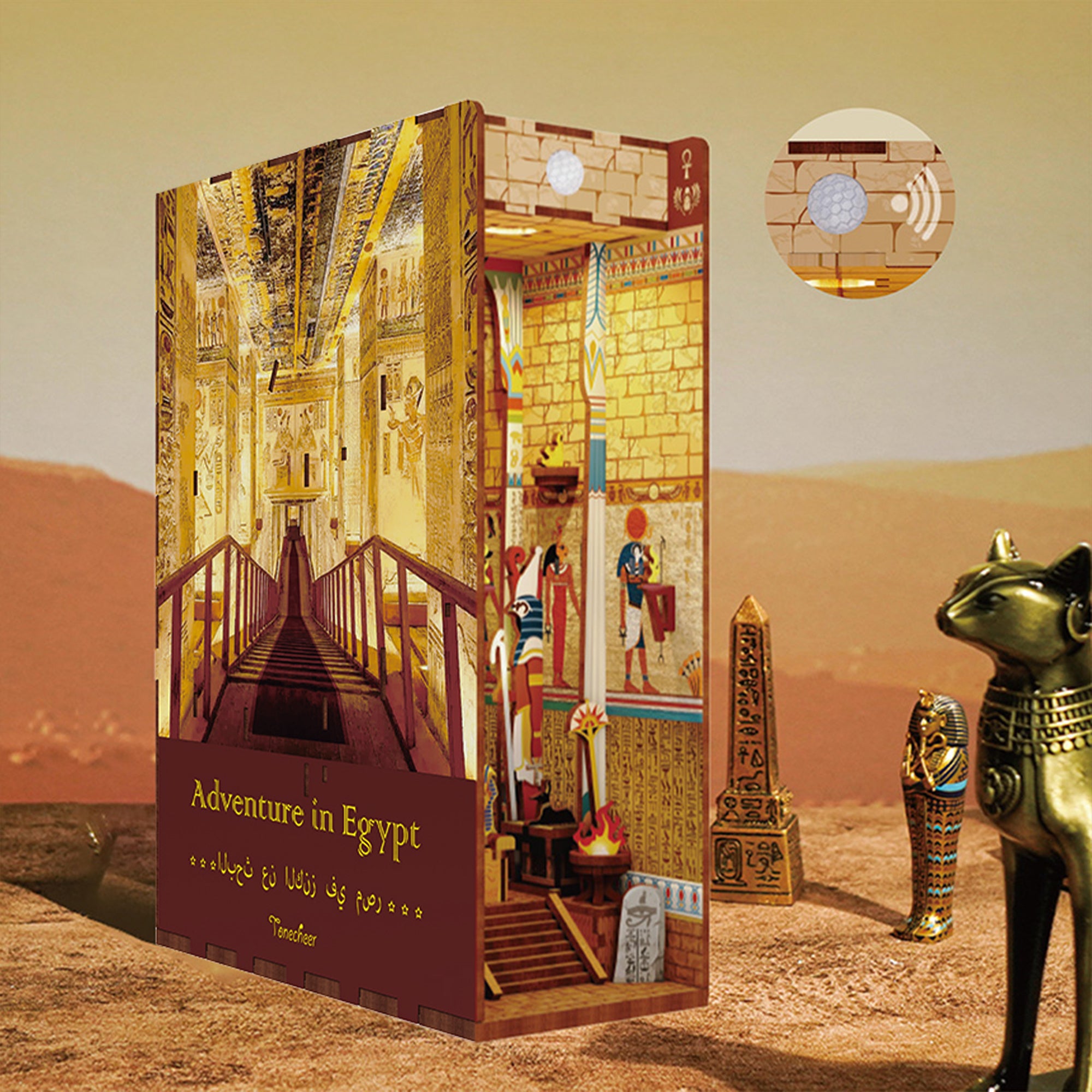 Close-up of the assembled book nook, highlighting the motion sensor LED light feature on the ceiling of the Egyptian tomb.