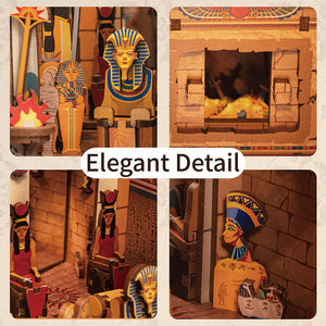 A four-panel collage of close-up miniature details: statues of Pharaohs, Sphinxes, and Egyptian Queens within the brick tomb interior.