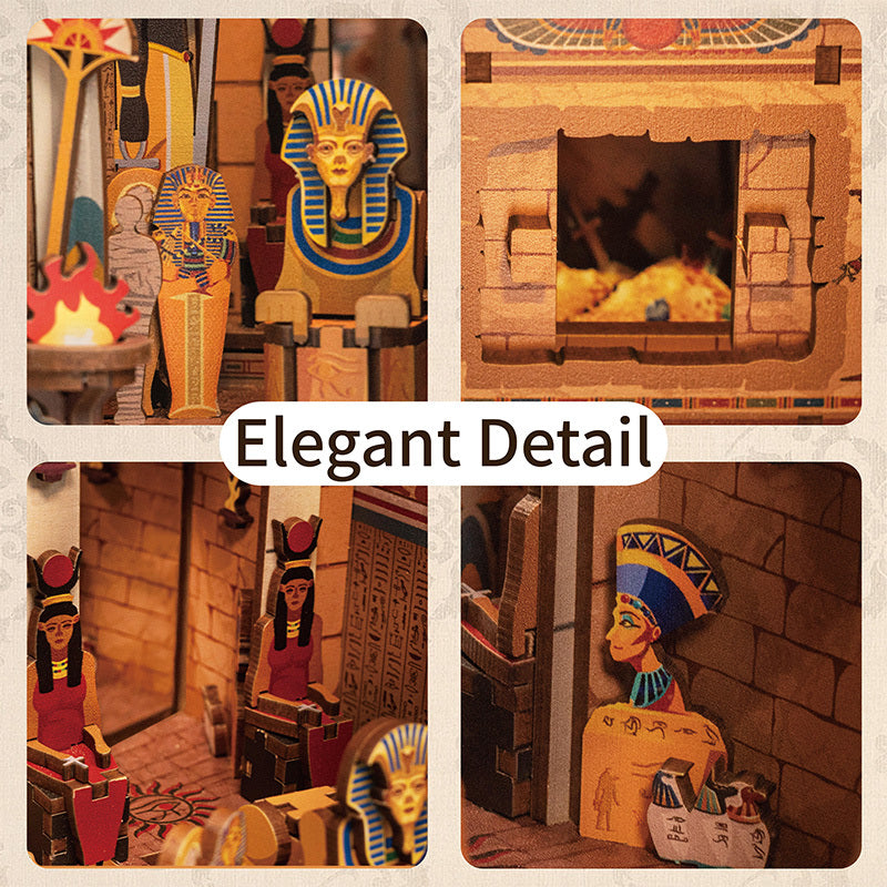 A four-panel collage of close-up miniature details: statues of Pharaohs, Sphinxes, and Egyptian Queens within the brick tomb interior.