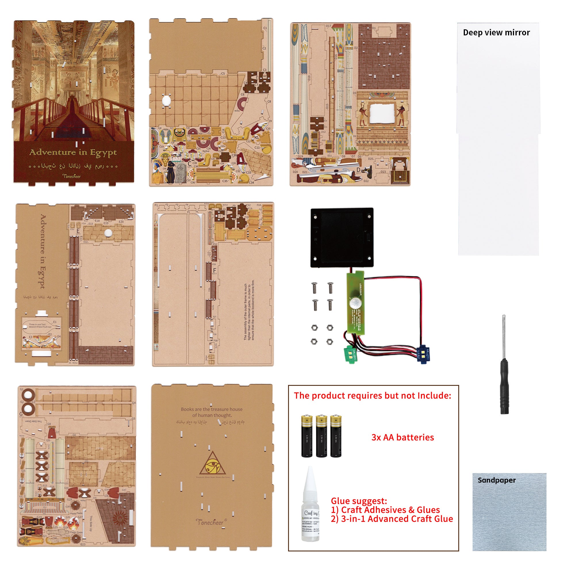 A layout of all the materials included in the Tonecheer book nook kit, showing the wooden punch-out sheets, mirror, and the LED light sensor wiring.