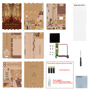 A layout of all the materials included in the Tonecheer book nook kit, showing the wooden punch-out sheets, mirror, and the LED light sensor wiring.